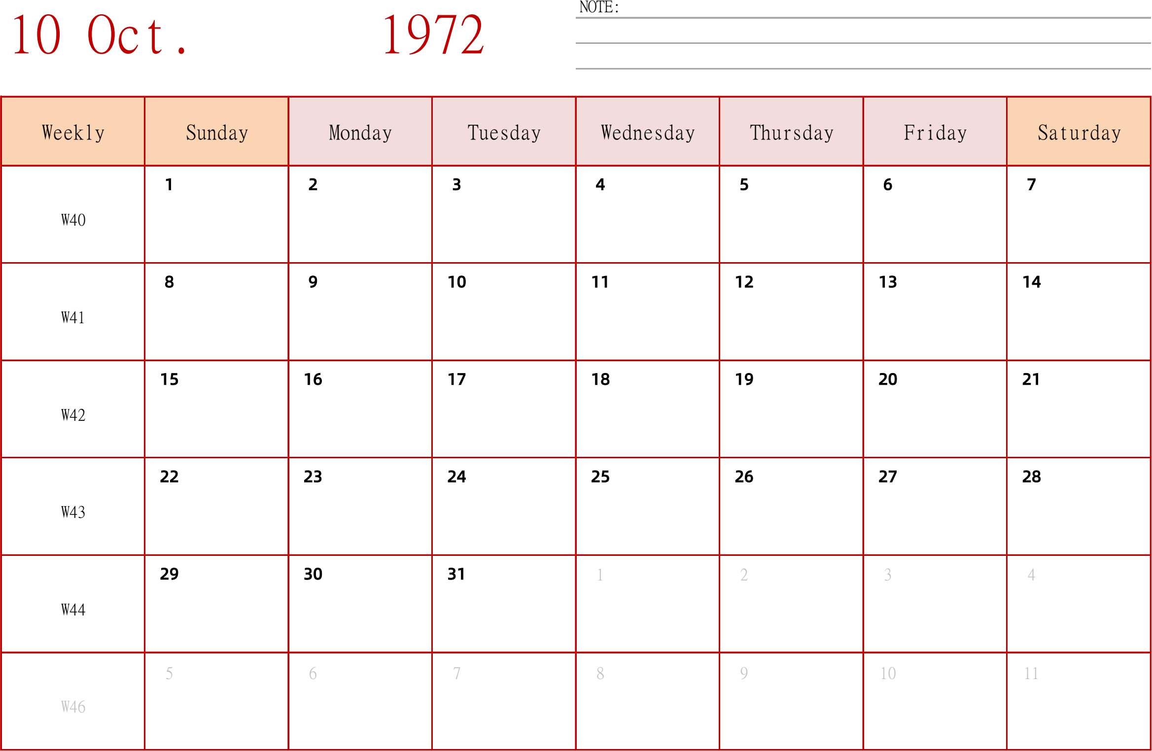 日历表1972年日历 英文版 横向排版 周日开始 带周数